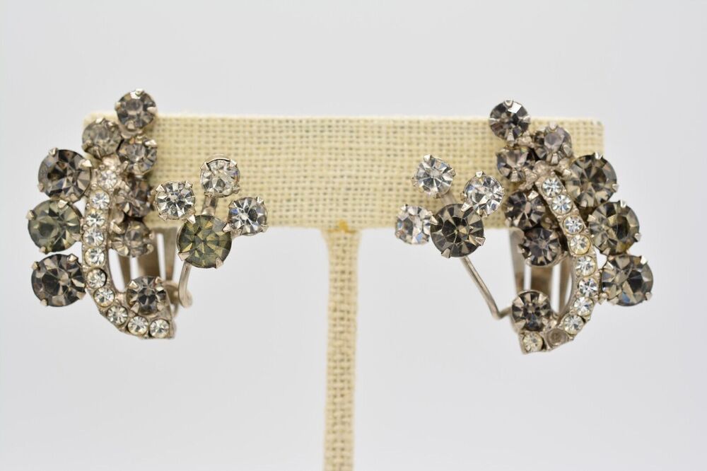 Vintage Crystal Clip On Earrings Prong Gray Rhinestone Silver Tone Shiny BinAB